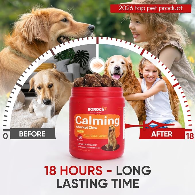 Calming Chews for Dogs – Fast-Acting Anxiety Relief for Thunder, Fireworks & Separation – Long-Lasting Up to 18 Hrs – Melatonin, Chamomile & Valerian – Tasty Soft Chews for All Breeds（180 Ct）