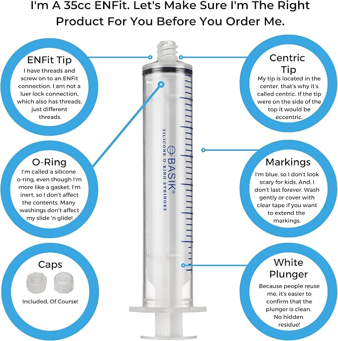 BASIK 35cc Silicone O Ring Style ENFit Feeding Syringe With Caps Individually Wrapped 8/Pack Reusable - This is only compatible with an ENFit connection. Confirm that you use ENFit before ordering.