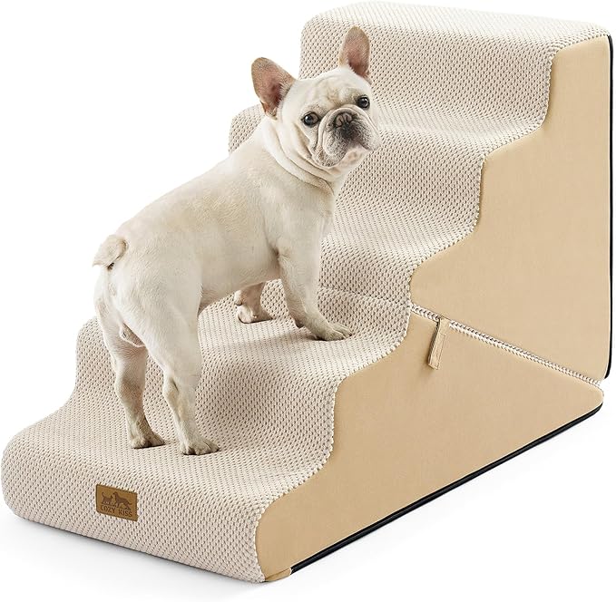COZY KISS Dog Stairs for Small Dogs, 3-Step 2 in 1 Transformable Pet Stairs for Couch and Bed, 15.7" H Dog Steps for Old Cats, Puppy, Small Dogs (Beige, 17.7x33x22.4 in, 5.0)