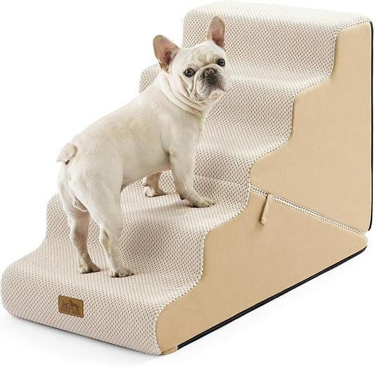 COZY KISS Dog Stairs for Small Dogs, 3-Step 2 in 1 Transformable Pet Stairs for Couch and Bed, 15.7" H Dog Steps for Old Cats, Puppy, Small Dogs (Beige, 17.7x33x22.4 in, 5.0)