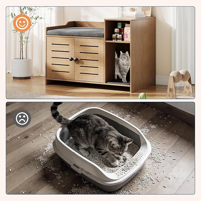 Patikuin Hidden Cat Litter Box Enclosure Cabinet with Mark Pad & Storage Shelf – Modern Farmhouse Indoor Cat House Furniture for Hallway, Bedroom, or Living Room – Odor Control, Country Oak