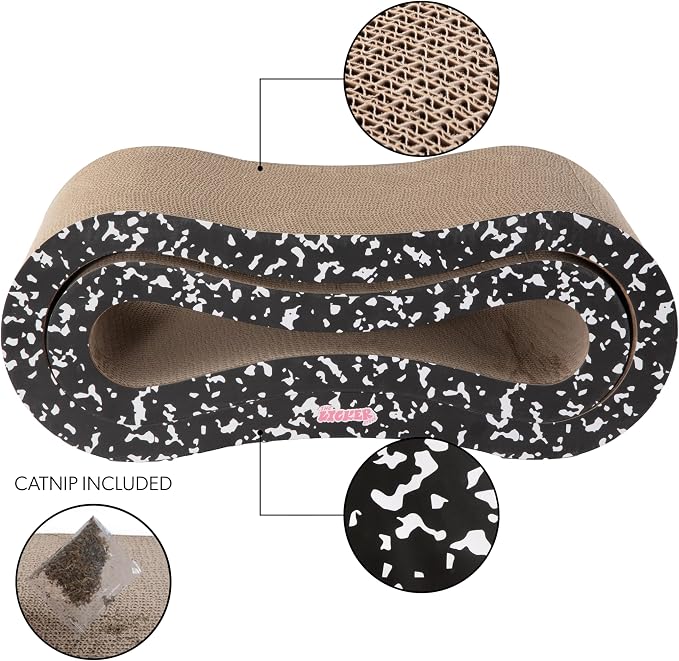Suvi 26" Modern Cardboard Infinity 2-in-1 Lounge Bed Cat Scratcher with Catnip, Black and White Composition Notebook, Corrugated Scratching Surface and Tunnel for Indoor Cats CSR1014G