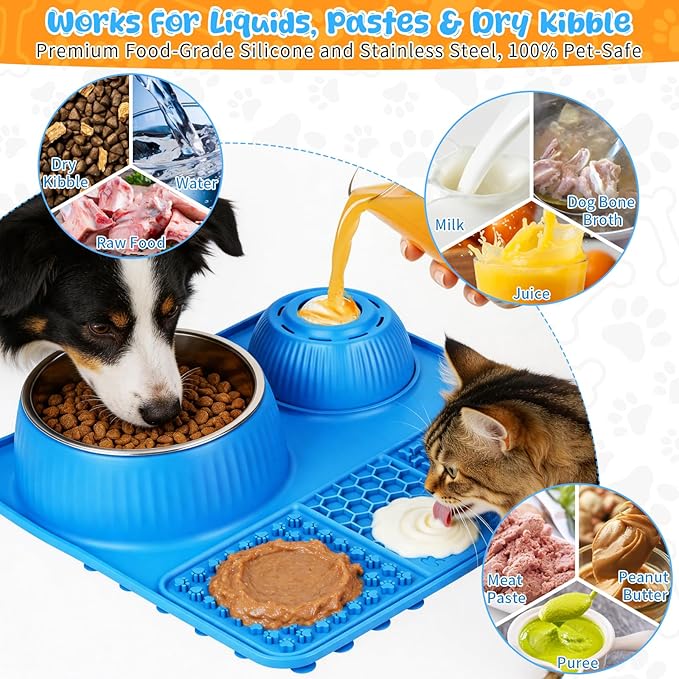 Dog Lick Bowl with Rolling Ball for Liquid and Thick Treat—3 in 1 Slow Feeder Dog Bowls+Lick Mat+50oz Stainless Steel Food Bowl,Anti-Slip 5/6 Cup Licking Toy for Medium Large Dogs and Cats Blue