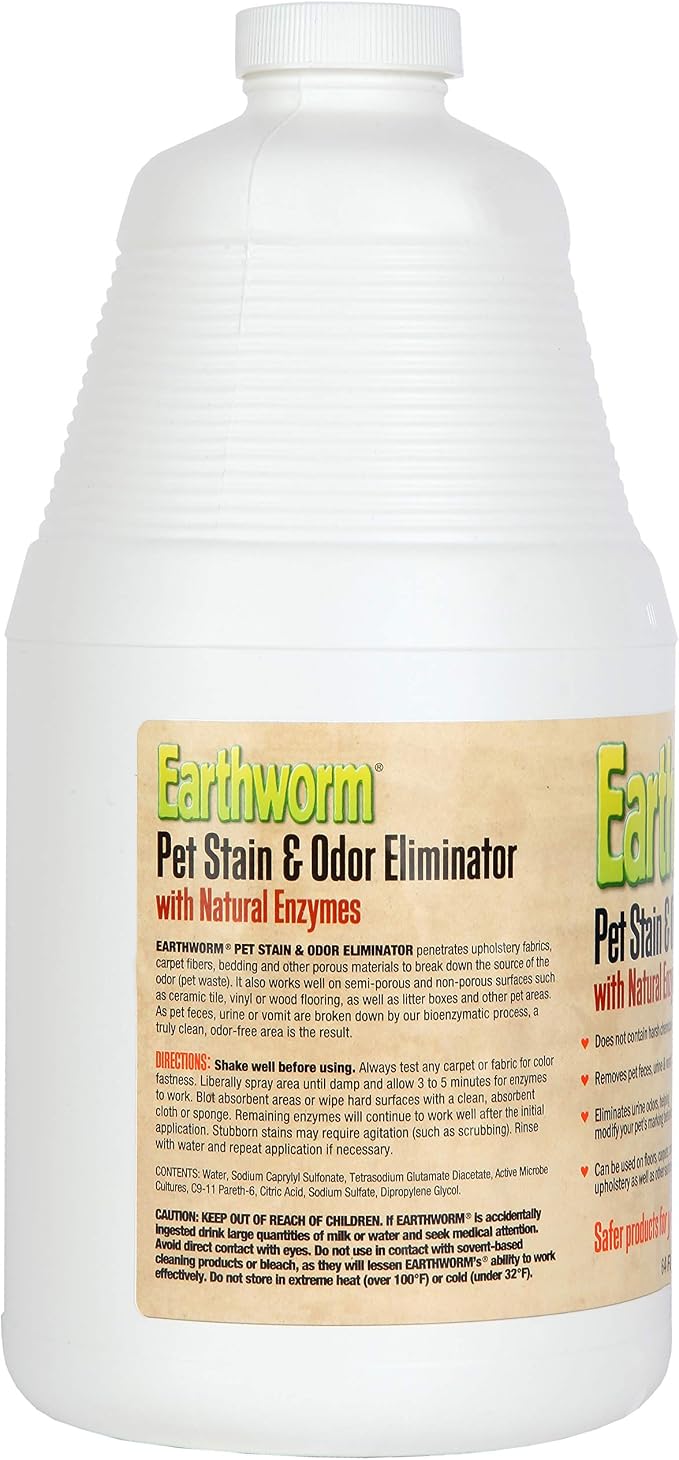Earthworm Pet Stain Remover & Odor Eliminator- Removes Urine Smell with Natural Enzyme Formula, Fragrance Free Spray - 64 oz
