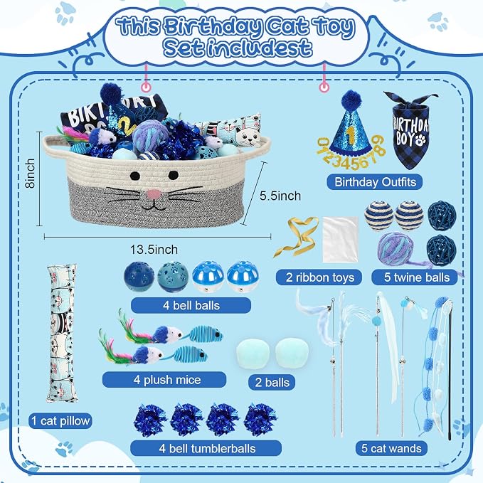 Zopeal 38 Pcs Graduation Cat Toy Set Interactive Cat Toys Pack Including Cats Gift Basket Feather Teaser Wand Plush Gift Outfit Mice Crinkle Balls and Pet Bell Balls, Puzzle for Indoor(Blue)