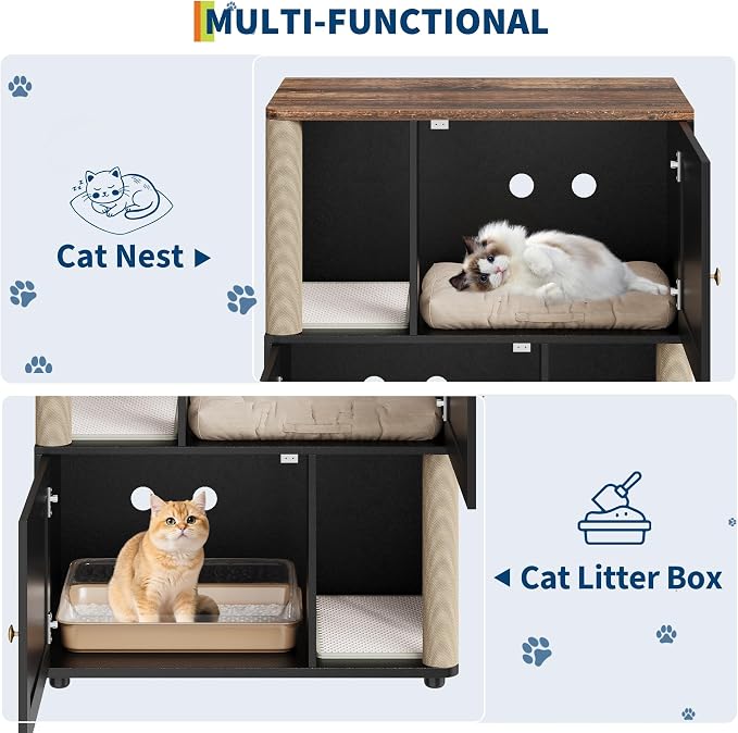Double Cat Litter Box Enclosure, 2-Tier Hidden Litter Cabinet for 2 Cats, Space-Saving Wooden Cat Washroom with Built-in Scratching Post, Large Indoor Pet House Side End Table