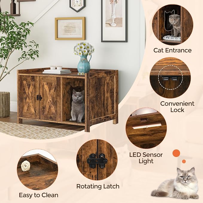 MAHANCRIS Cat Litter Box Enclosure, Hidden Litter Box Furniture with Divider, Indoor Cats House, Wooden Cat Washroom Storage Cabinet Bench, Side End Table Nightstand, Rustic Brown CWHR2501Z