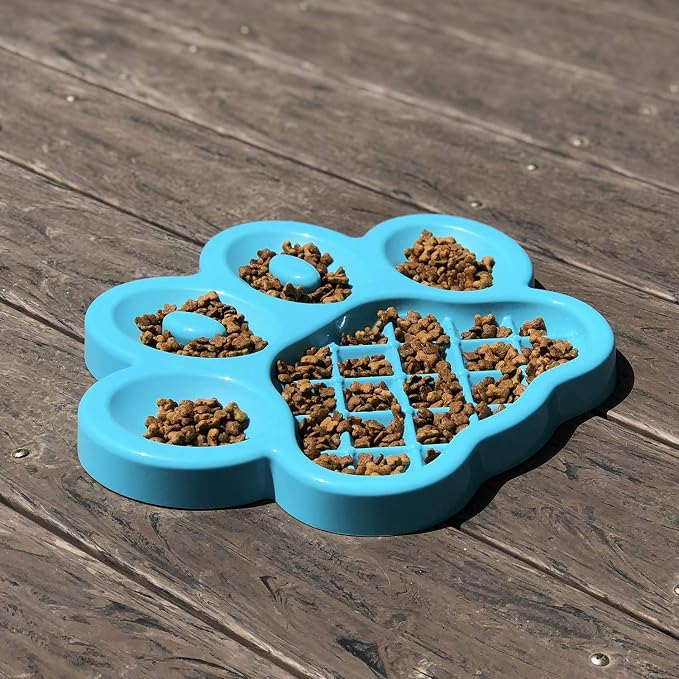 PetDreamHouse PAW 2-in-1 Slow Feeder Interactive Bowl and Removable Lick Mat Pad for Dogs, Puppies or Cats Plate Food Treats Controls Fast Eating Anti Bloating - Blue