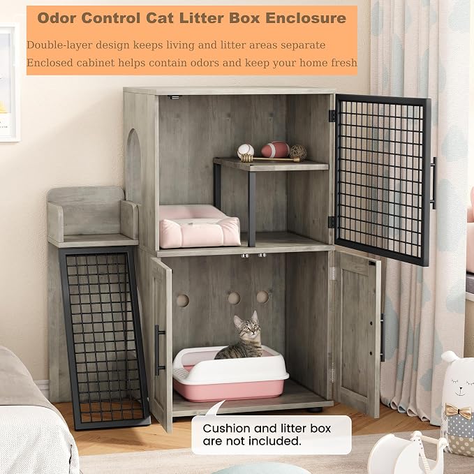 Garvee Dog Proof Cat Feeding Station, Cat Litter Box Enclosure Furniture, Hidden Litter Box Cabinet with Ladder and Door, Large Indoor Cat House with Storage, Large Pet Cabinet