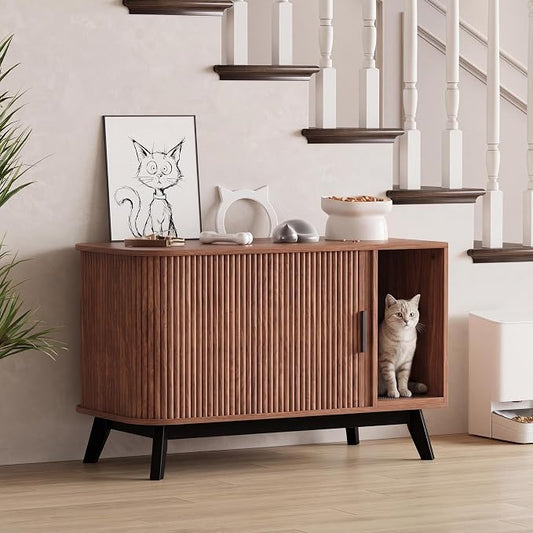 Garvee Cat Litter Box Enclosure, 39" Litter Box Enclosure Furniture Hidden Litter Box with Cat Litter Mat and Sliding Door, Modern Indoor Cat House, Side End Table for Living Room, Walnut