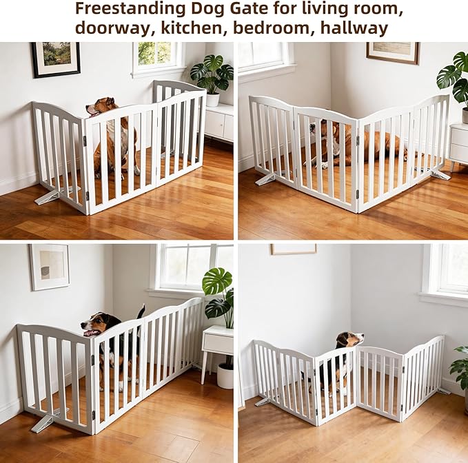 ZJSF Foldable Freestanding Indoor Dog Gate for House Wood White Long Pet Gates Dog Fence for Stairs Puppy Gates for Hallways, Puppy Gate,Support Feet Included 32 "Height-4 Panels