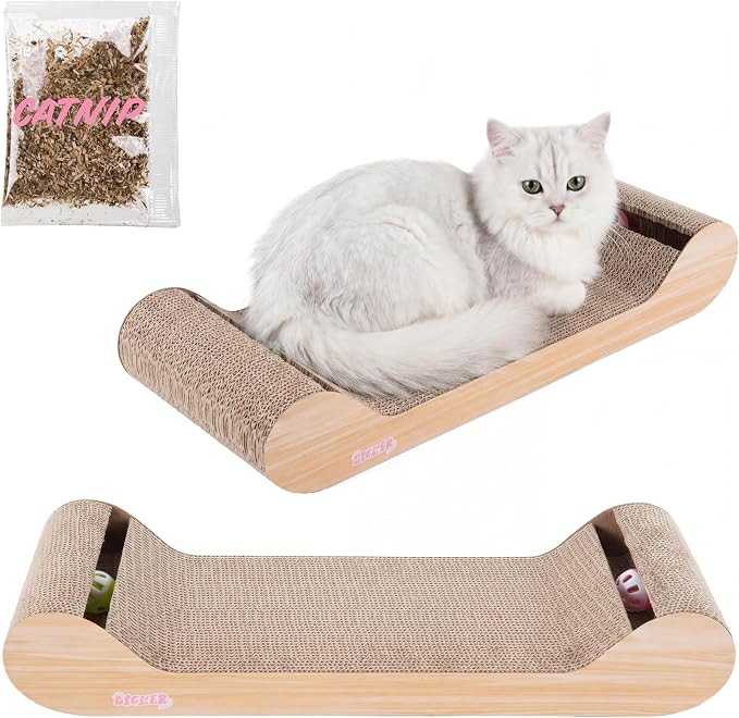 Rini 23.75" Modern Cardboard Cat Scratcher Lounge Bed with Built-in Bell Toys and Catnip, Ergonomic Curved Sofa Design, Oak Wood Finish CSR1003C
