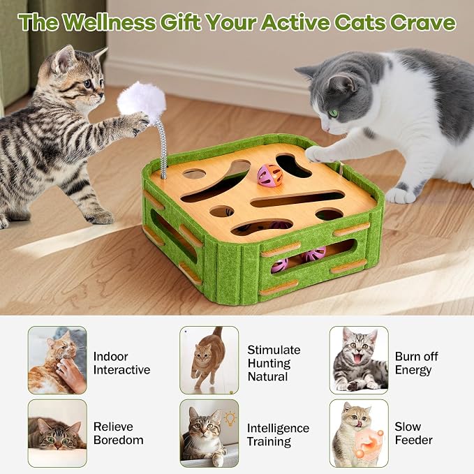 Cat Puzzle Box Toy for Indoor Cats Boredom Relief Interactive Wooden Cat Enrichment Maze with Jingle Balls, Feather Wands & Spiral Springs, Slow Feeder Treat Dispenser for Kittens & Adult Cats