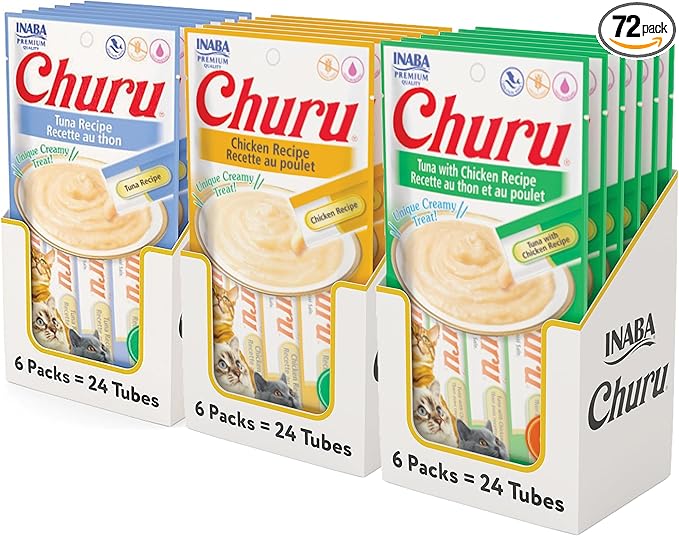 Churu Lickable Creamy Purée Cat Treats 3 Flavor Tuna and Chicken Variety Pack, 4 Count Pack of 18 (72 Tubes Total)