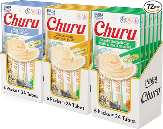 Churu Lickable Creamy Purée Cat Treats 3 Flavor Tuna and Chicken Variety Pack, 4 Count Pack of 18 (72 Tubes Total)