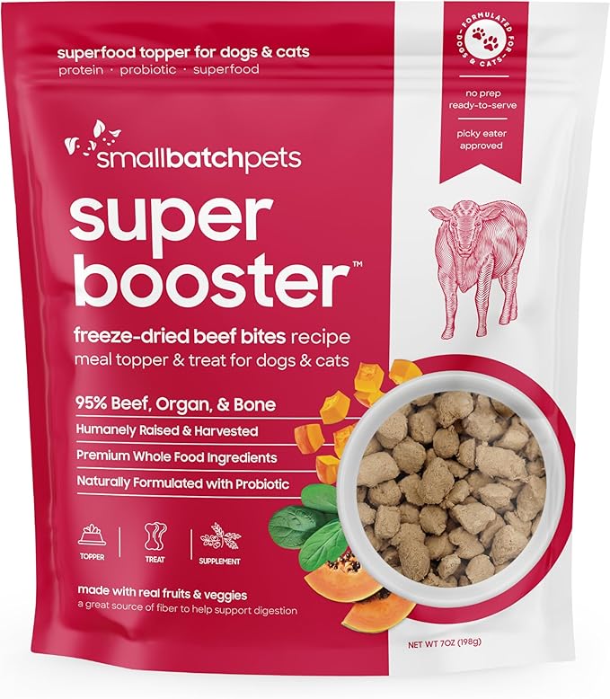 smallbatch Freeze Dried Dog Treats, Superfood Food Topper Beef Bites for Dogs & Cats, Probiotics, Organic Ingredients, High Protein, Grain Free Healthy Treat Food Topper, Made in the USA, 7 oz Bag
