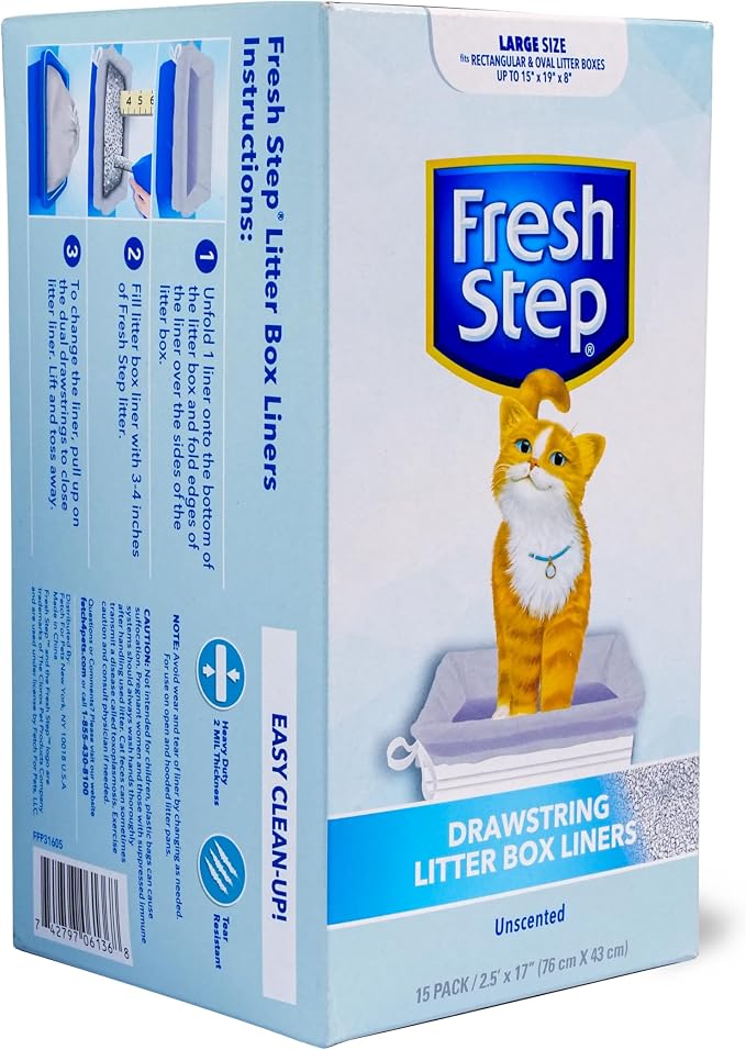 Fresh Step Drawstring Cat Litter Box Liners Unscented Heavy Duty Kitty Litter Bags Large Oval or Rectangle Pans Contains Odor and Mess Easy Lift Out Cleanup 30 x 17 IN 15 Count 12 Pack
