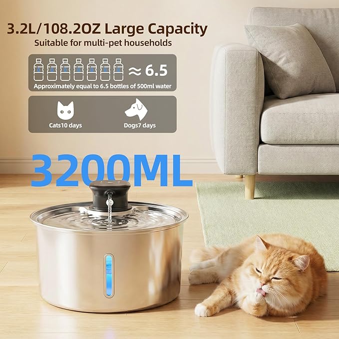 Wireless Cat Water Fountain,Cat Water Fountain Stainless Steel 3.2L/108oz Large Capacity Battery Operated Pet Water Fountain Indoor with Motion Sensor for Cats Dogs BPA-Free(P01B)