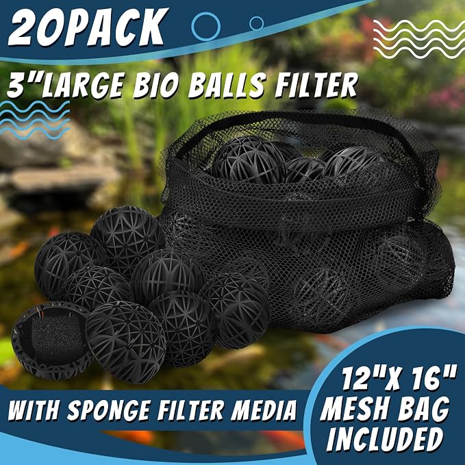 VIHOSE 20 Count 3 Inch Black Large Bio Balls Media Filter Durable Fish Pond Filter Media with Sponge Biological Filtration Mediums for Pond Aquarium Fish Tanks Filters with 12" x 16" Mesh Bag