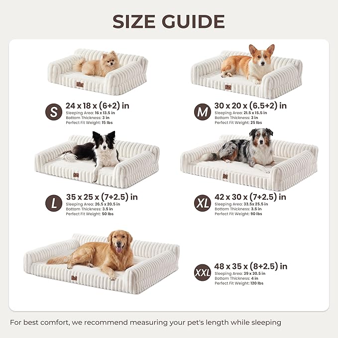 Orthopedic Dog Bed Small Pet Beds with Removable Washable Cover, Couch-Like Sofa Design for S to XXL Dogs Up to 15 lbs, with Soft Short Plush Surface & Foam, 24x18x8 Inch, Cream