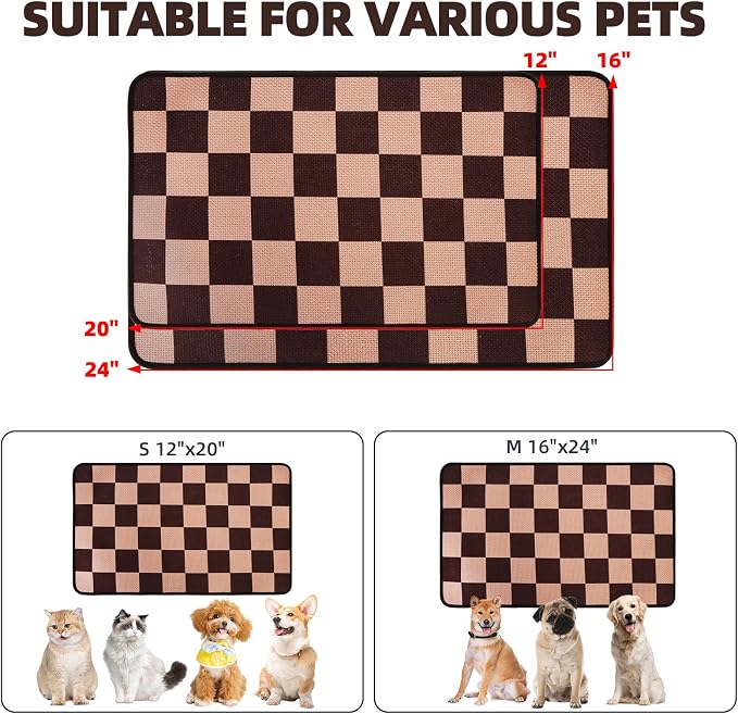 PUPTECK Dog Food Mat, Absorbent Pet Cat Feeding Mat for Food and Water Bowls, Anti-Slip Dog Placemat for Floors Waterproof, Pet Supplies Accessories, Brown & Khaki Checkered M