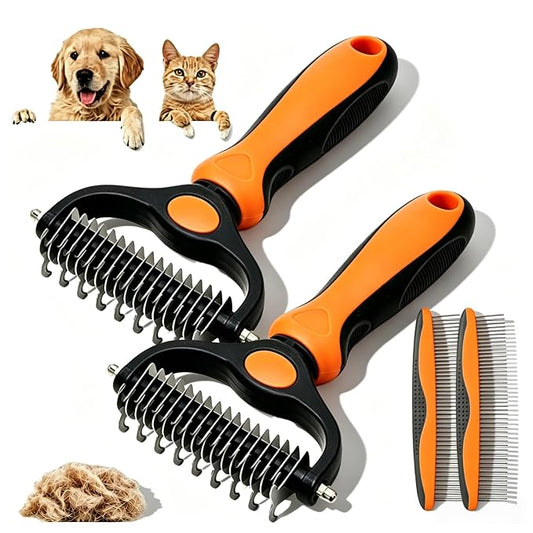 Double-sided Deshedding Pet Brush - Dual-Sided, Ergonomic & Gentle for Dogs & Cats, 2027 New Dematting Comb for Dogs Cats for Matted Fur (2 * Orange)