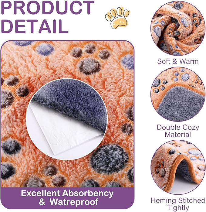 Panelee 4 Pcs Washable Dog Blankets Waterproof Cute Paw Print Fleece Blanket Reusable Puppy Blankets for Small Medium Pet Cat Whelping Warm Soft Mat Guinea Pig Cage Liners(30 x 21 Inch)