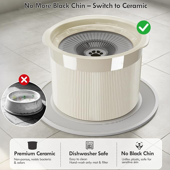 No Spill Ceramic Dog Water Bowl, Large Capacity Slow Drinking Bowl with Floating Disk & Filter, Heavy Duty Anti-Slip Bowl for Small to Medium Dogs, Cats & Multi-Pet Homes Indoor