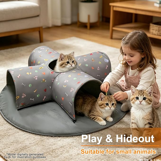4-Way Indoor Cat Tunnel Bed with Top Peek Hole, 2-in-1 Collapsible Hideout with Removable Washable Mat, Interactive Play Tunnel for Cats, Kittens, Rabbits, Ferrets & Small Pets