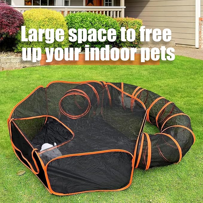 Outdoor Cat Enclosures for Indoor Cats with Tunnel, Portable Catio & Cat Playpen Tent for Outside - Orange Enclosed Pet Tent for Cats, Rabbit, Puppy & Small Animals