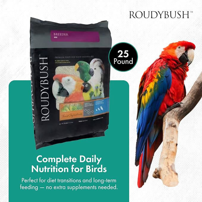 RoudyBush Breeder Food for Breeding & Weaning Birds, Pelleted Diet Made with Corn, Wheat & Soy, Daily Food for Small & Medium Parrots, Mini Pellet, 25 LB