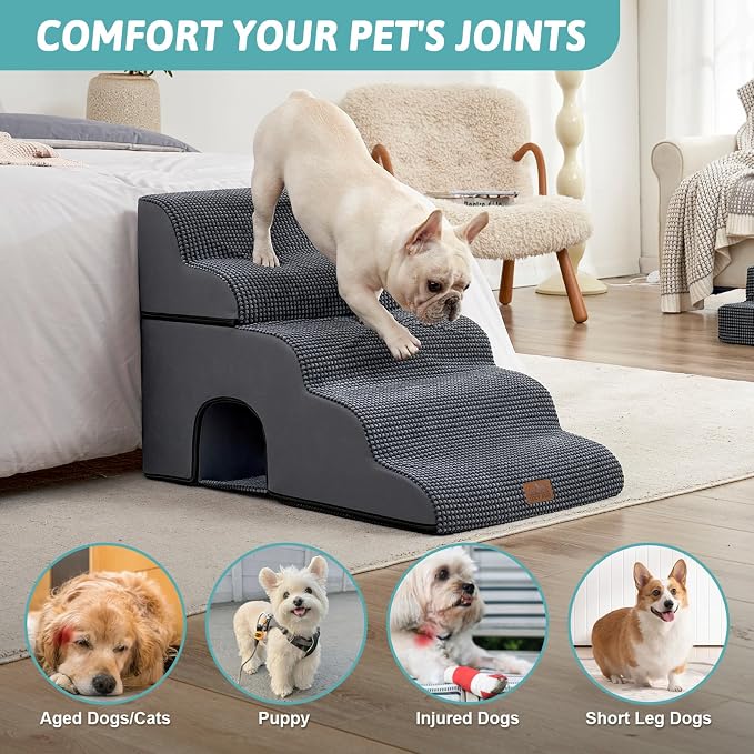 COZY KISS Dog Stairs for Small Dogs, 3-Step 2 in 1 Transformable Pet Stairs for Couch and Bed, 15.7" H Dog Steps for Old Cats, Puppy, Small Dogs (Dark Grey, 17.7x33x22.4 in, 5)