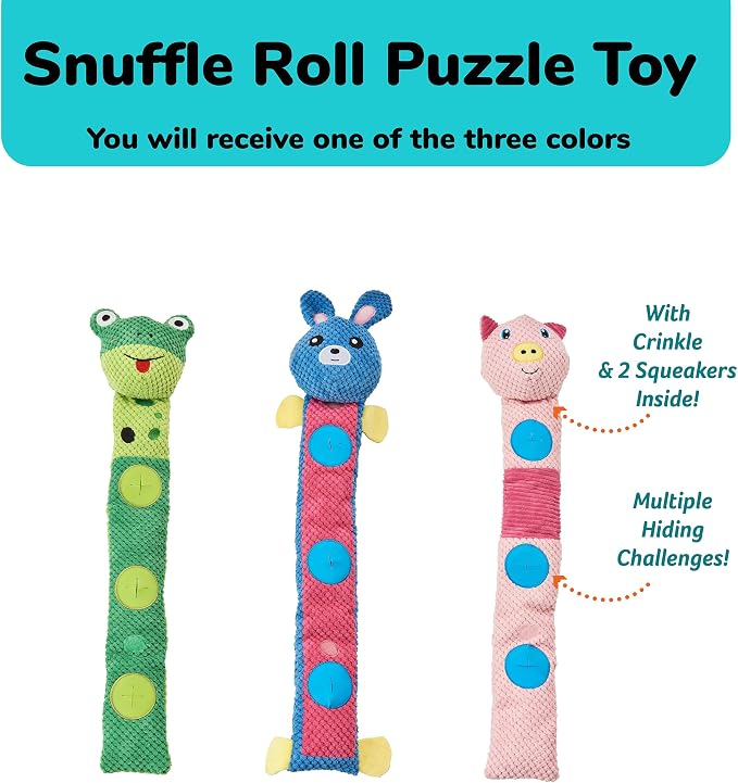 SPOT Snuffle Roll Puzzle Toy, Interactive Feeding Toy for Dogs, Mental Stimulation, 3 Treat Pockets, Crinkle & 2 Squeakers, 25 Inch, Assorted Styles