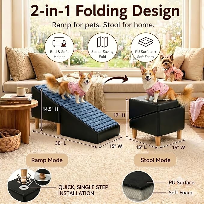 Large Dog Stairs for Bed 17" H - Heavy Duty Non-Slip 2-in-1 Ottoman | Fits 12-17" Medium Beds/Couches, Supports 30-80lbs Dogs for Senior Pets