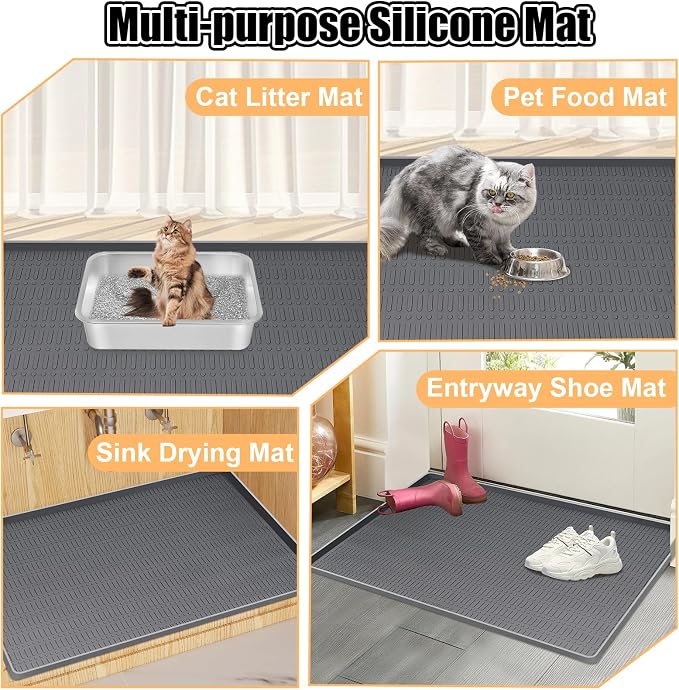 Silicone Cat Litter Mat, 47" x 35" Extra Large Litter Trapping Mat for Litter Box, Leak-Proof, Non-Slip, Kitty Litter Mats with Soft Texture for Floor, Keeping The Floor Clean (Dark Grey)