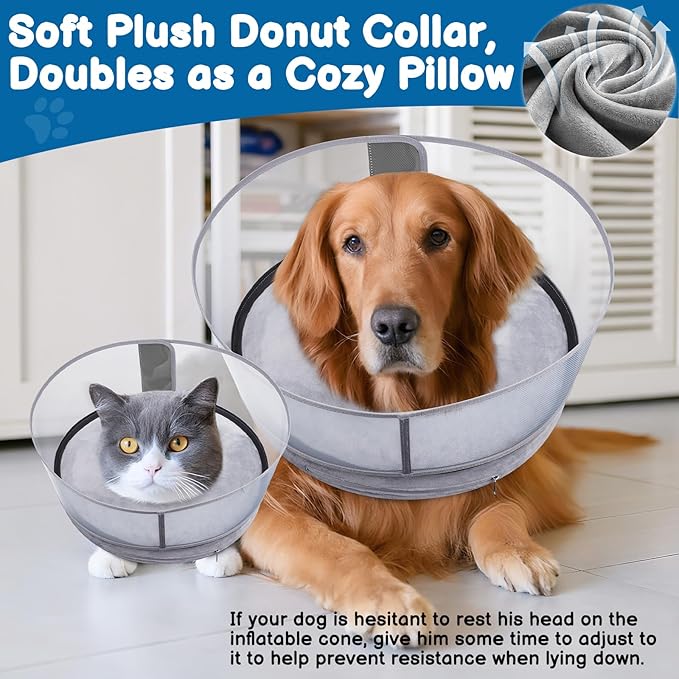 BARKLESS Dog Donut Collar, 2-in-1 Inflatable Dog Collars for After Surgery to Stop Licking Wounds, Patented Protective Donut Cone with Higher Shield for Large Pets (Grey, XXL)