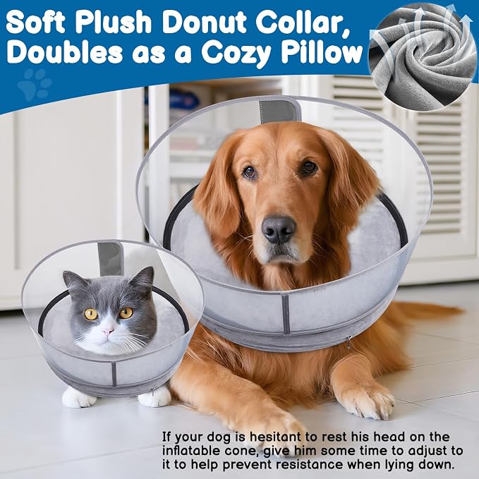 BARKLESS Dog Donut Collar, 2-in-1 Inflatable Dog Collars for After Surgery to Stop Licking Wounds, Patented Protective Donut Cone with High Shield for Large Pets (Grey, L)