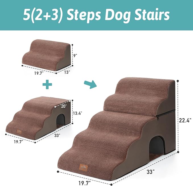 COZY KISS Wide Dog Stairs with Tunnel, Foam Detachable Large Dog Step for Small Pet, Puppy or Cats, Medium Pet Ramp for High Bed, Couch, Sofa or Car, 19.7x33x22.4 inch, 5 Step, Brown