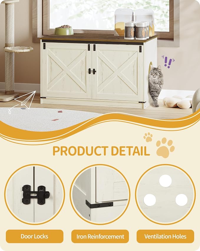 Hzuaneri Cat Litter Box Enclosure with Cushion, Hidden Litter Box Furniture with Removable Dividers, Reversible Entrance Left or Right Side,Cat House, Rustic White and Brown CB84714X