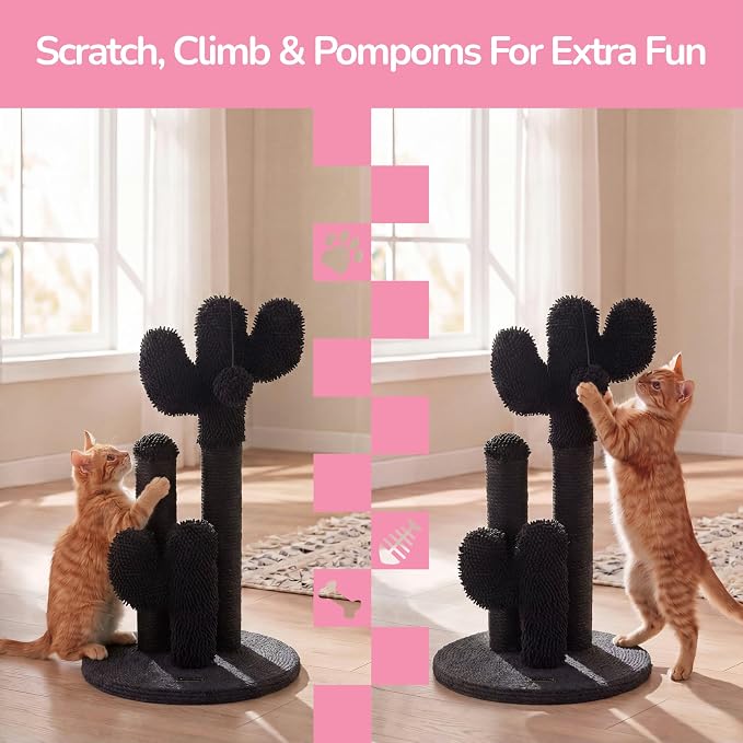 Marfa 21.5" Modern Triple Cactus Cat Scratching Post with Fuzzy Toy, Natural Jute Rope Scratcher with Weighted Non-Slip Base, Black CTR1008B