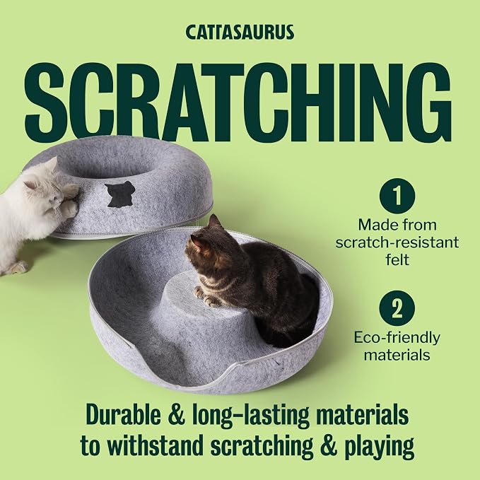 Cattasaurus Peekaboo Cat Cave Donut for Multiple & Large Cats up to 30-45 lbs, 3-in-1 Self Warming Cat Bed, Tunnel & Scratcher for Indoor Cats, Washable & Detachable Small Dog Bed (Light Gray, Large)