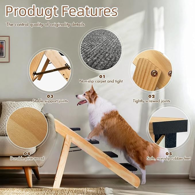 Wood Pet Stairs/Steps, 2-in-1 Foldable Dog Steps for Bed, Sofa, Couch and Cars, 3 Levels Dog/Cat Ladder & Ramp for Small Medium Large Pet, Wooden Frame Support Up to 110 lbs, Light Yellow