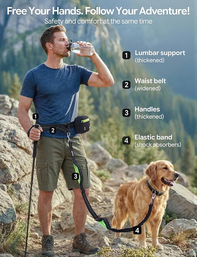 Pecute Hands-Free Dog Walking Belt Bundle: Shock-Absorbing Bungee Leash + 22oz Portable Water Bottle with Food Container, for Running Hiking Training