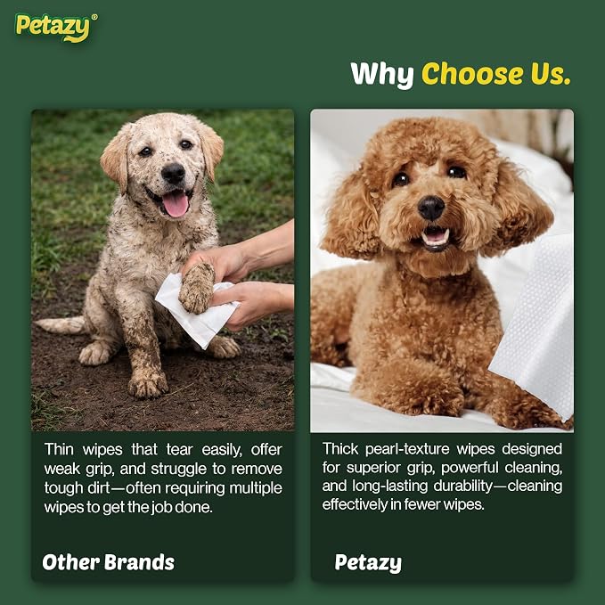 Petazy Pet Wipes for Dogs and Cats – 200 Count (8x8in) Hypoallergenic, Deodorizing Dog Wipes for Paws, Ears and Butt | XL with Aloe & Coconut Oil, Chamomile Scented | Travel Size, 2 On-the-Go Packs