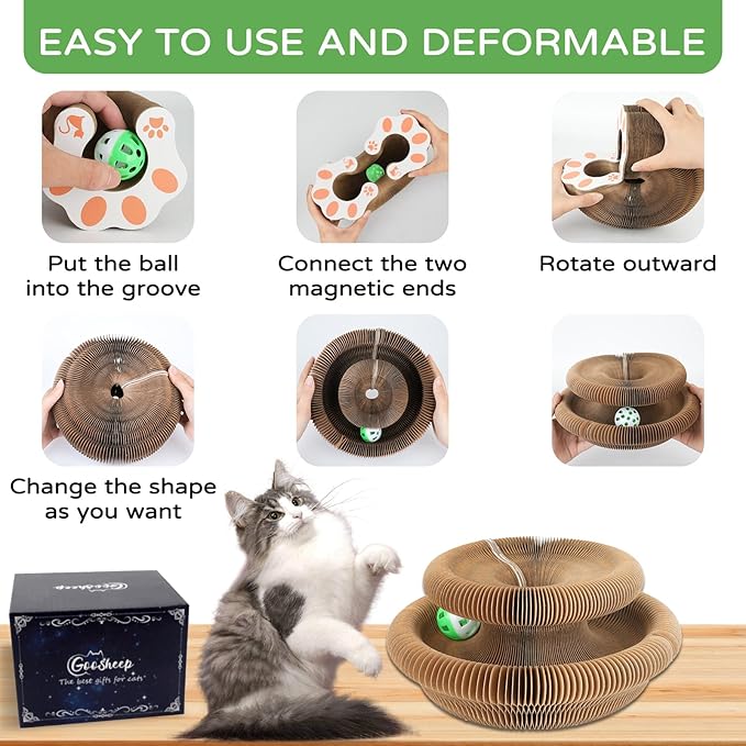 Goosheep Kitty Kurlz Accordion Magic Organ Cat Scratcher Toys for Indoor Cats - Cardboard Cat Scratching Board Ball Scratcher Pad 3 Pack