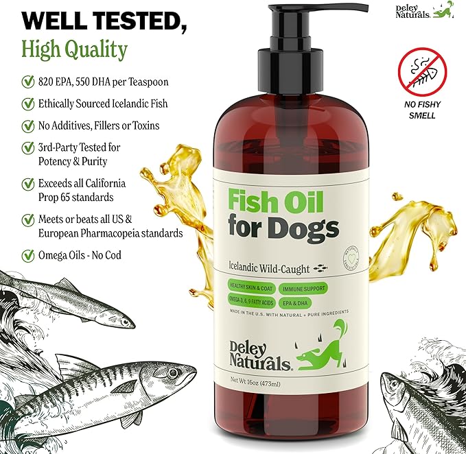 Deley Naturals Fish Oil for Dogs - Itch Relief for Dogs with Omega 3 6 9 for Skin, Joints, Heart and Brain Health - Icelandic Omega 3 Fish Oil for Dogs Skin Irritation - 16oz Omega Oil Made in USA