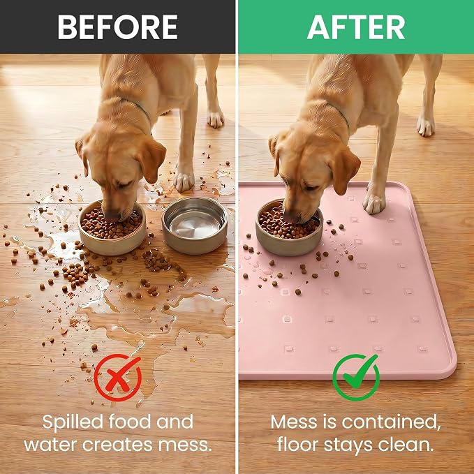 Silicone Pet Feeding Mat, 26x18 Inch Waterproof Dog Bowl Mat – Non-Slip, Machine Washable, Thin 0.28 Inch Edge for Messy Eaters, Protects Hardwood & Tile Floors, Pink