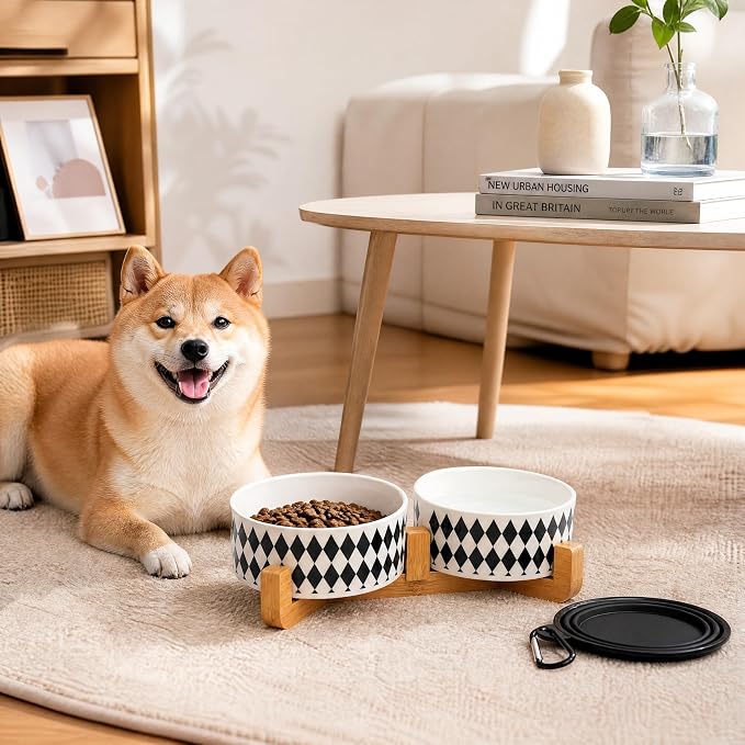 Petygooing Ceramic Dog Cat Bowl Set with Stand,Pet Food and Water Bowl,Small Dog Bowls Anti -Slip Set of 2 Cat Dishes Food Bowls Dish Small Size Pet (13.5OZ/5.1 in) Black Rhombus