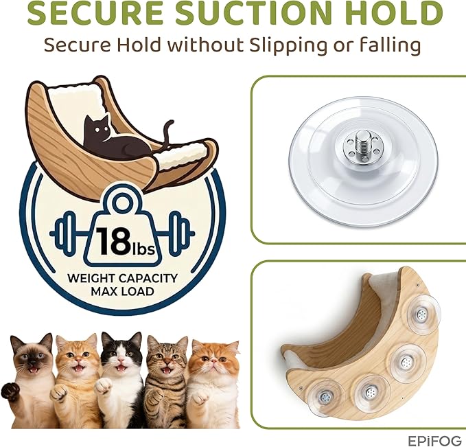 Cat Window Bed with Detachable Soft Cushion, Suction Cup Mounted Cat Window Perch, Solid Wood Window Hammock for Cats Inside, Indoor Resting Seat, White Cushion