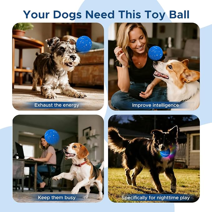 Dog Toys for Small Medium Dog to Keep Them Busy, Smart Interactive Dog Toys, Automatic Moving Bouncy Dog Balls with Lights, Motion Activated Rolling Dog Balls, Mental Stimulation, E-TPU Blue